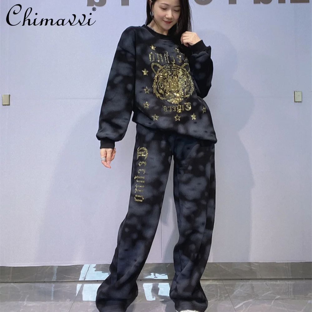 

Heavy Rhinestone Round Neck Long Sleeve Sweatshirt Set Winter Fashion Fleece Lined Thickened Straight-leg Pants Two-piece Set