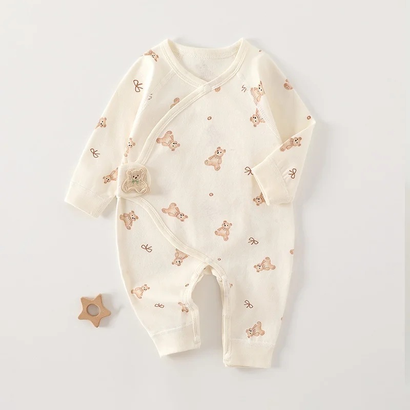 2026 Spring Autumn 0-6M Infant Romper Magic Tape Cartoon Bear Print Baby Clothes Long Sleeve Newborn Layette Jumpsuit