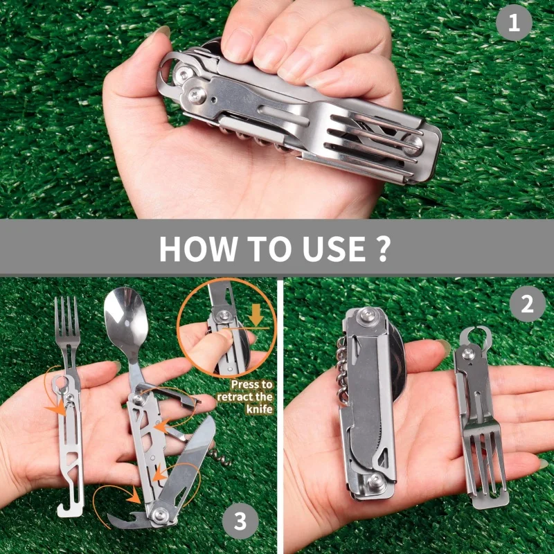 5 in 1 Camping Cutlery Multitool Portable Stainless Steel Spoon Fork Knife & Bottle Opener Combo Set Outdoor Detachable Tablewar