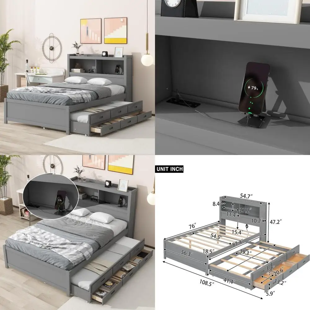 

Grey Twin Platform Bed with Trundle, Bookcase, Charging Station, 3 Drawers - Storage Bed for Kids, Teens, Adults, No Box Spring
