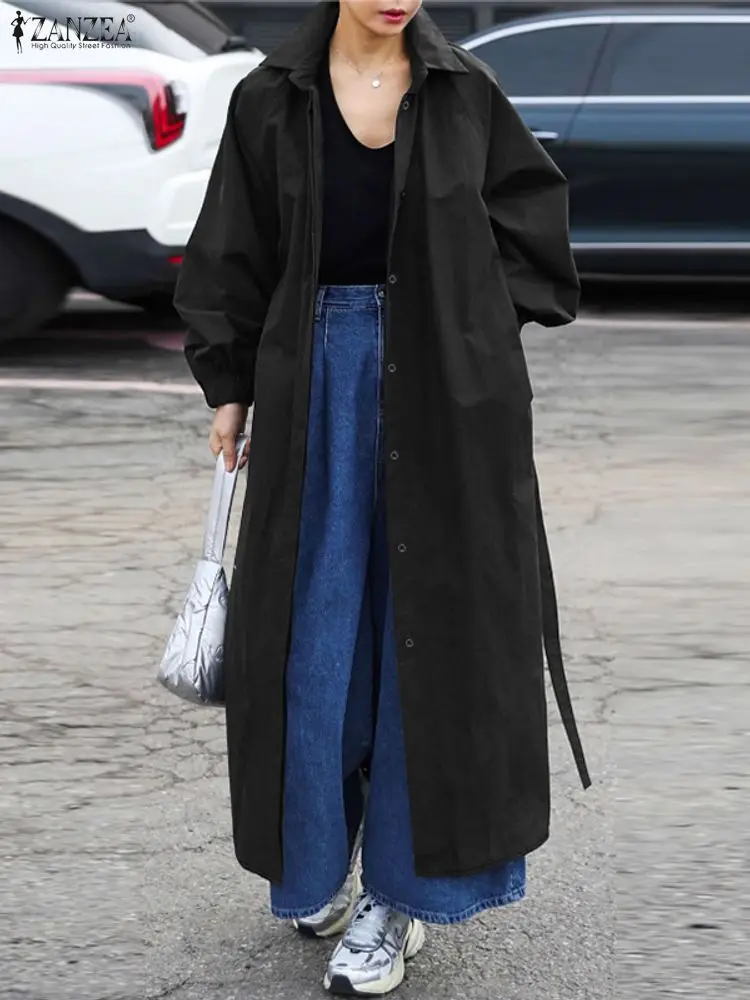 

ZANZEA 2022, женские осенние плащи, модные ветровки с лацканами и длинными рукавами, офисные пальто, куртки с поясом, однотонная длинная верхняя одежда