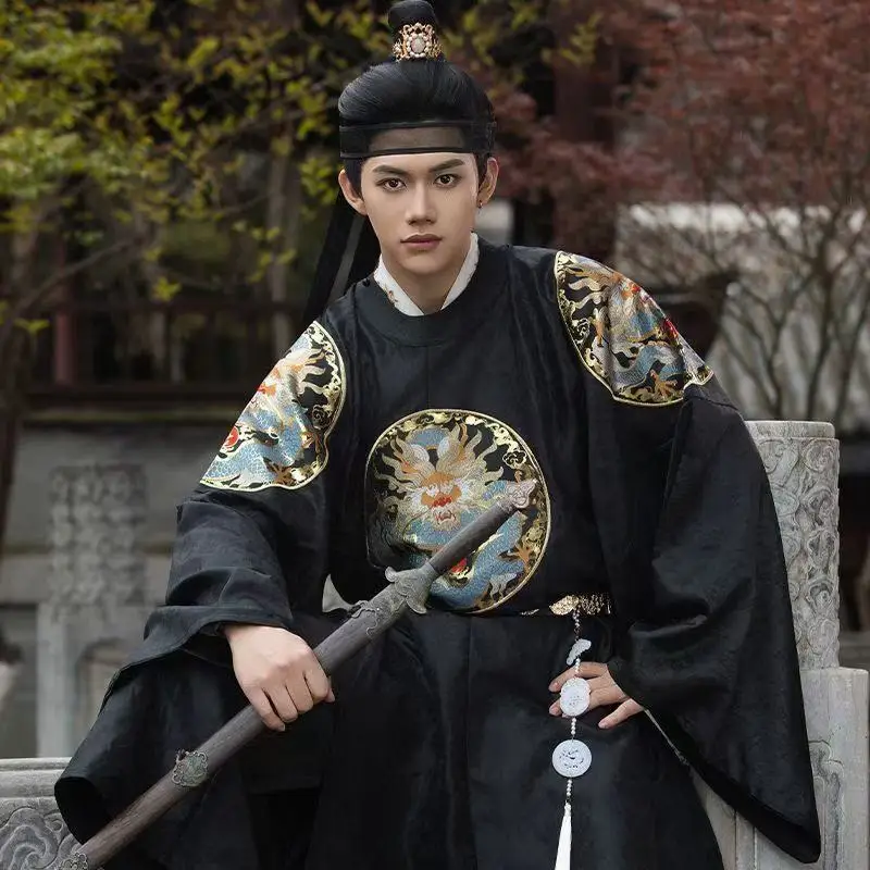 

Collectible Gold Woven Hanfu Men's Traditional Chinese Dragon Pattern Round Neck Long Robe Vintgae Wedding Groom Han Suits Male