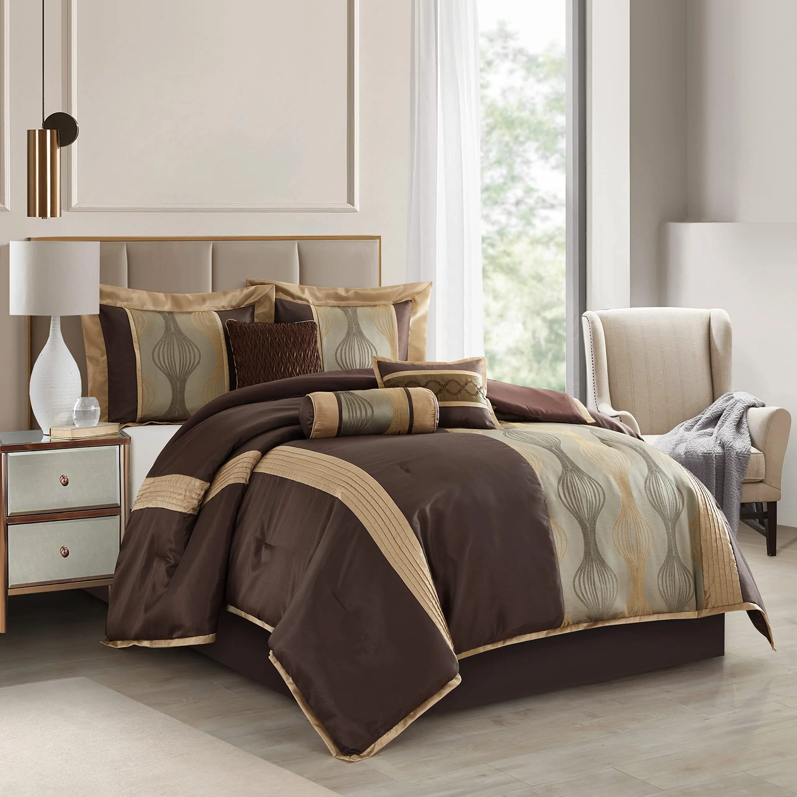 Elegant Jacquard Brown Comforter Set, Size Queen, 7 Piece Bed in a Bag, Striped Bedding Set All Season, Matching