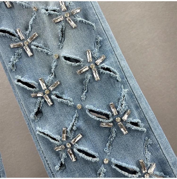 Tendência feminina buraco denim calças de perna reta 2024 outono novo jeans chique de cintura alta solto borlas diamante incrustado jeans estendidos