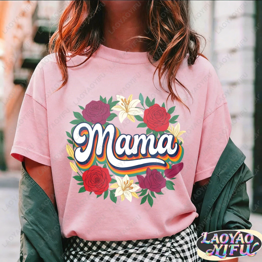 

Retro Groovy Mama T-Shirt Vintage Floral Rose Lily Wreath Graphic Tee Breathable Cotton Crewneck Casual Short Sleeve Mother Gift