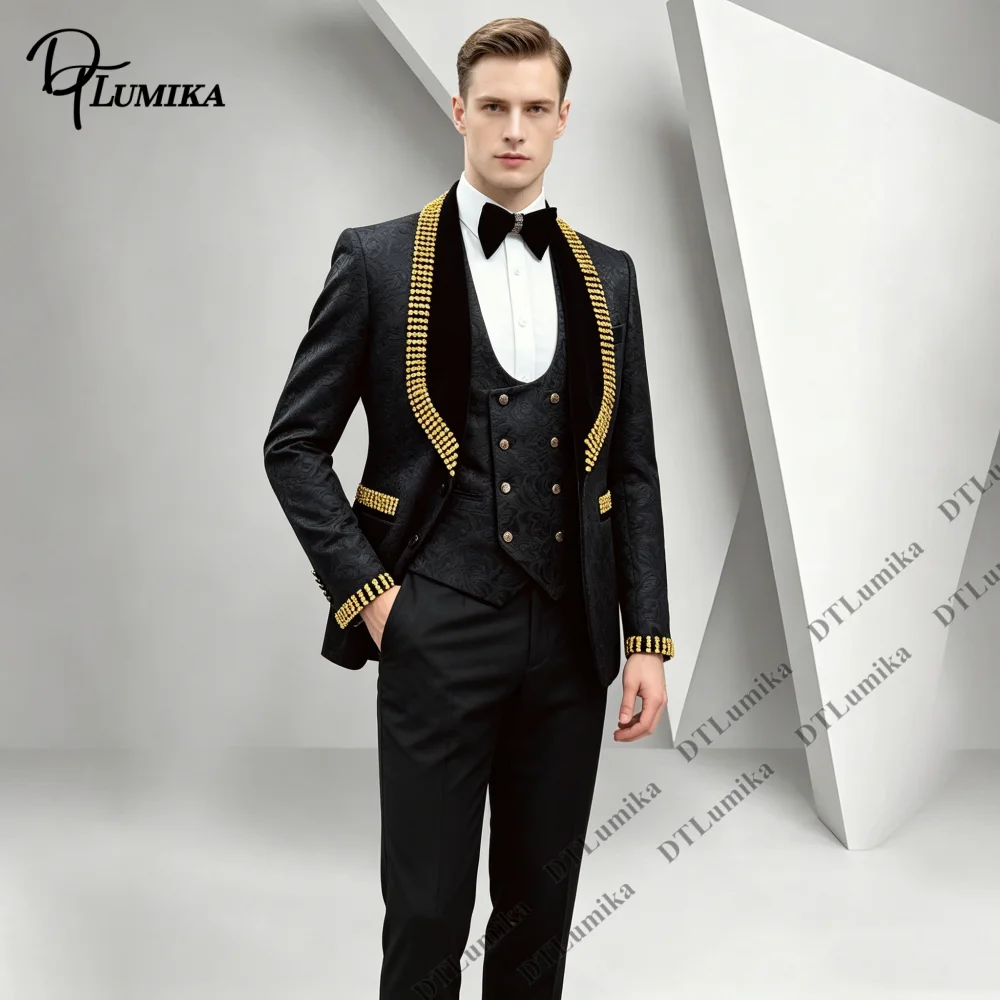 

DTLumika Three-Piece Formal Tuxedo with Gold Bead Trim Shawl Lapel, Men 3 Piece Suit Jacket Vest Pants Wedding Suit for Groom