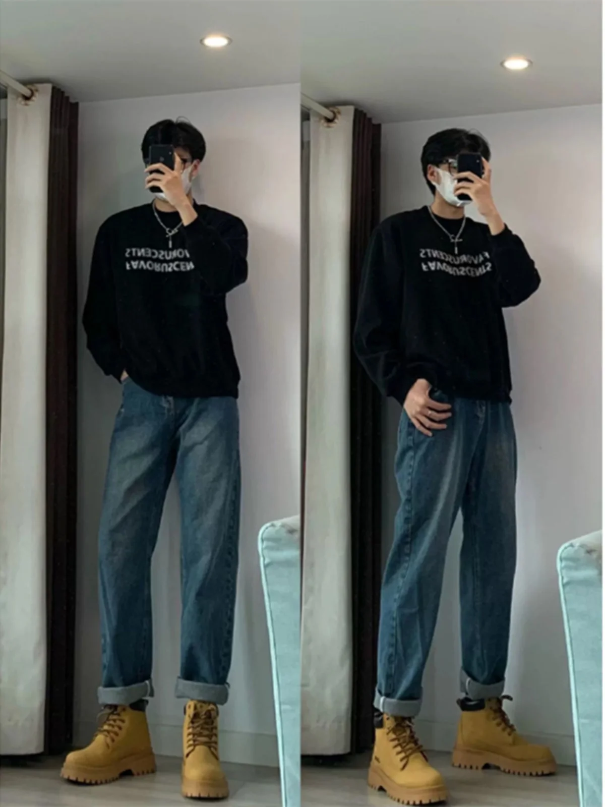 

Deep Blue Slim Fit Men's Jeans for Boots Autumn Winter Workwear American Cuffed Dungarees Youth Fashion Trend