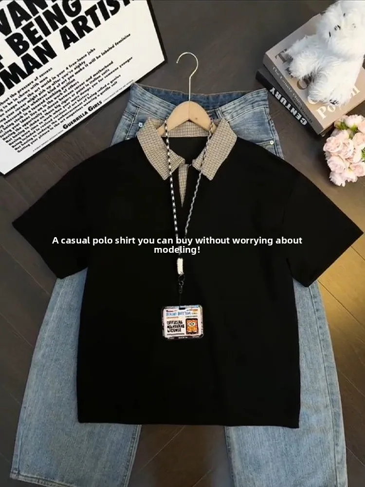 Cleanfit American Style V-Neck  Short Sleeve Men's Summer Design Checkered Collar T-Shirt Heavyweight Half Sleeve