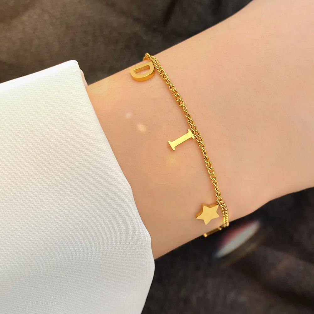 Fashion Gold Color Letter D Star Bracelet for Women Men Couple Stainless Steel Link Chain Friendship Wrist Jewelry Party Gift