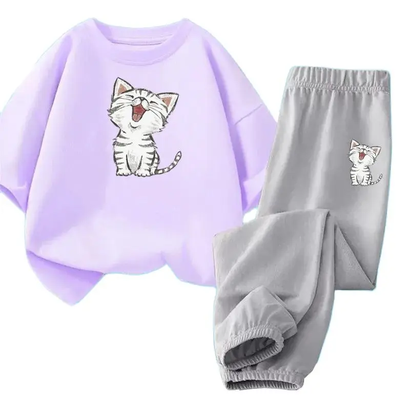 Girls Summer Clothes Kids Short Sleeve Happy Cat T-Shirts+Long Pants 2PCS Suits Children Clothing Tracksuit Teens Outfits