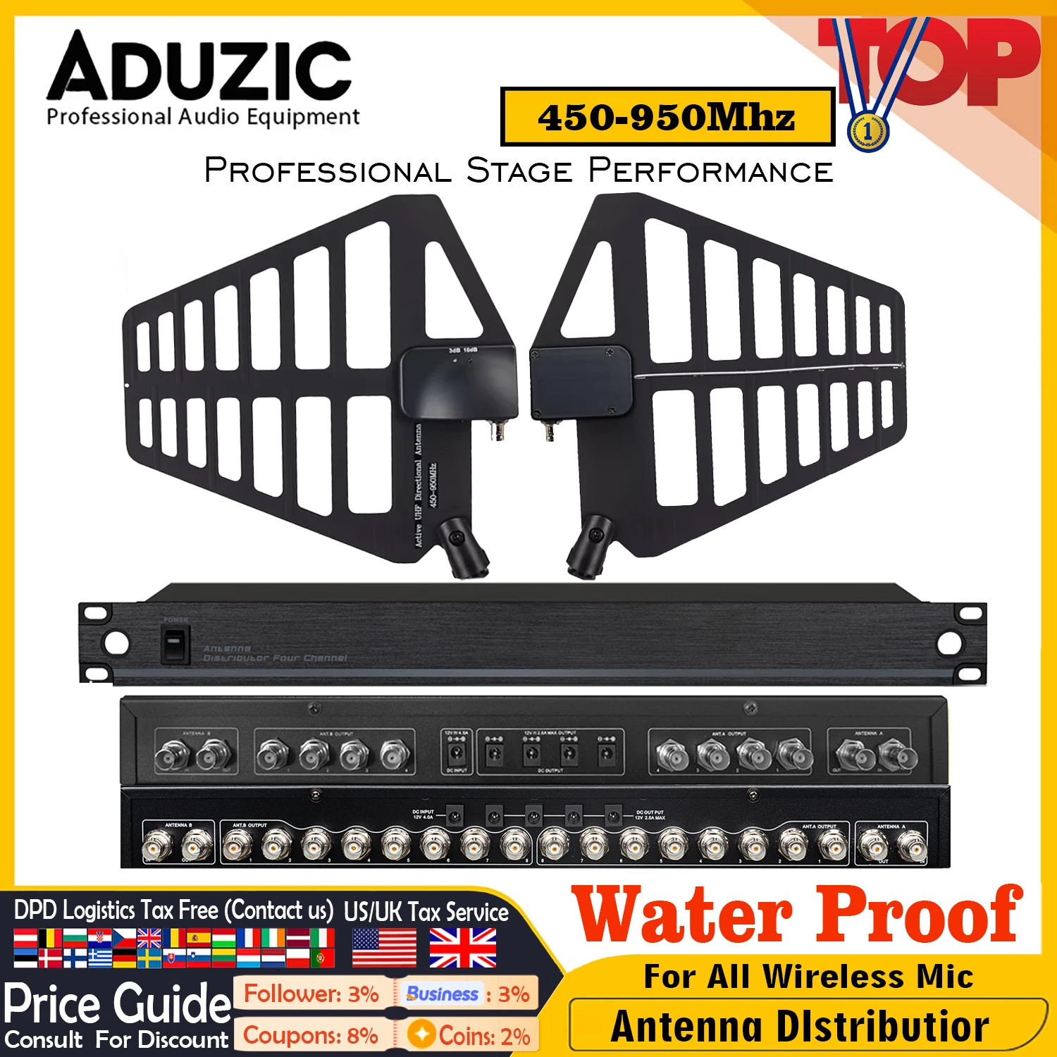 

Aduzic UA908 UA916 Water Proof Antenna Distribution System 450-950Mhz Antena Spliter RF Signal Combiner Amplifier Wireless Mic