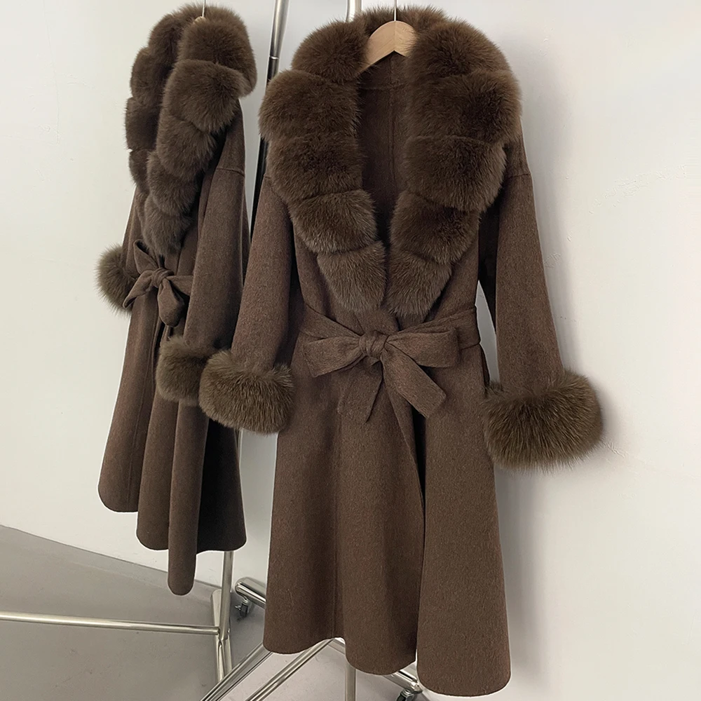 Women's Double Sided Wool Coat real fox fur collar Wool Blend Jacket Winter Elegant Slim Fit Warm Thick Office Street Style Coat