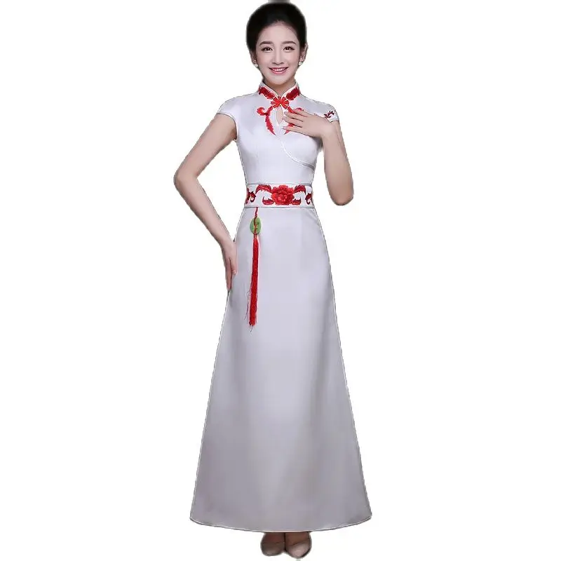 

Chinese Traditional Female Rayon Long Gown Dress Mandarin Collar Vintage Embroidery Red Cheongsam Vestidos Elegant Slim Qipao