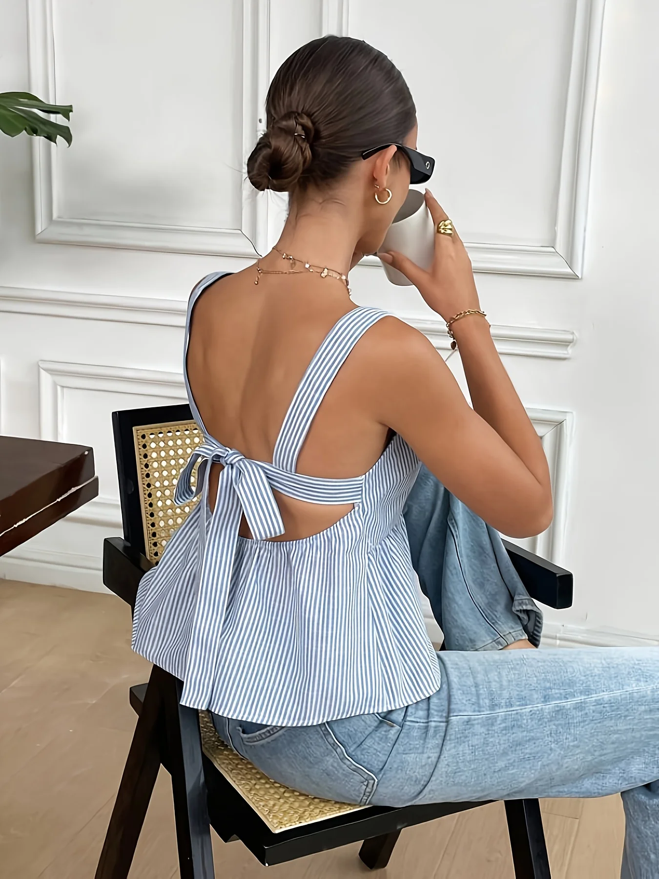 Débardeur d'été élégant à rayures pour femmes, imprimé au dos, nœud papillon, cravate, à la mode, décontracté, coupe ample, nouvelle collection