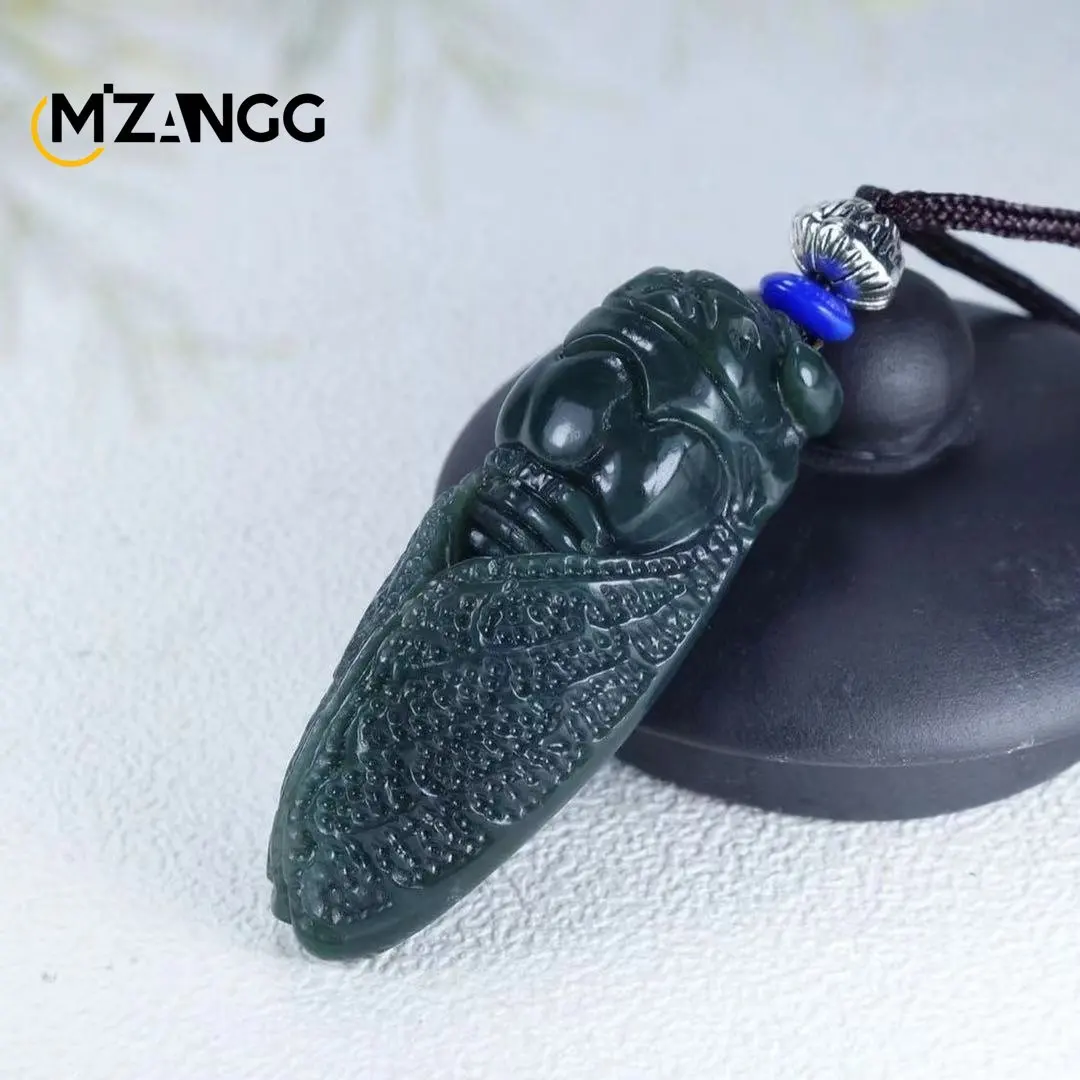 Natural Ink Jade Cicada Pendant Necklace Hand Carving Jewelry Fashion Lucky Amulet Men Women Gifts