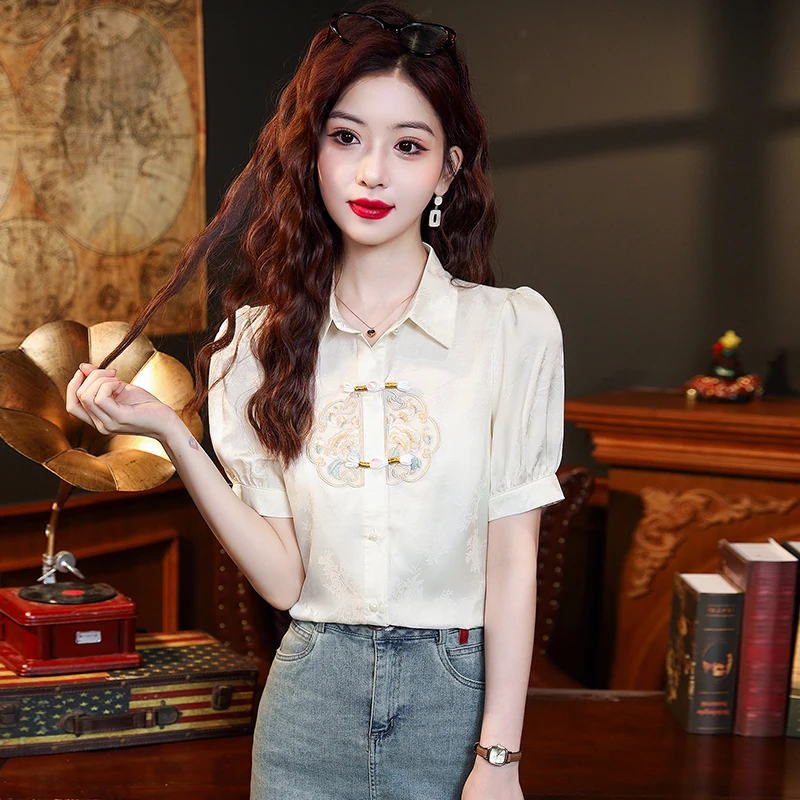 Short Sleeve Turn Down Collar Women Shirt Embroidery Chiffon Shirt Blouse Women Tops Blusas Mujer De Moda 2024 Verano Blusa H758