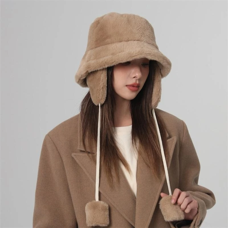 

R1WE Sweet Girls Plush Bucket Hat Ladies Fisherman Hat with Detachable Earflap Woman Teenagers Winter Keep Warm Hat