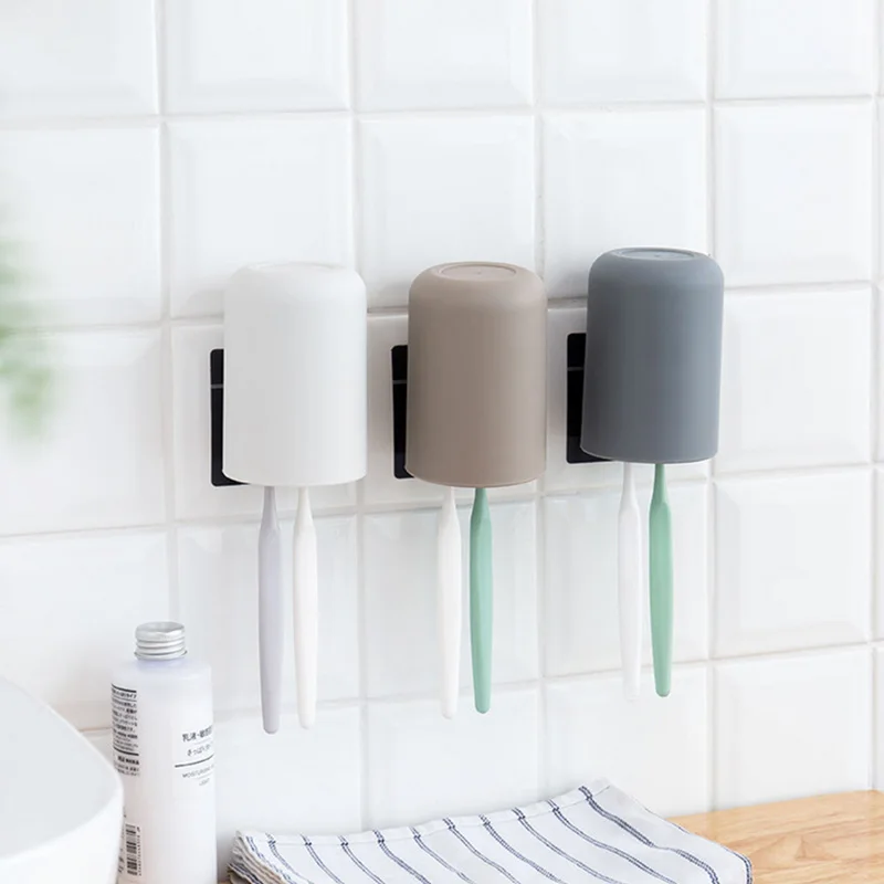 Toothbrush Holder Cup Holder Simple Color Bathroom Organizer Wall Sticker Hanging Brush Holder