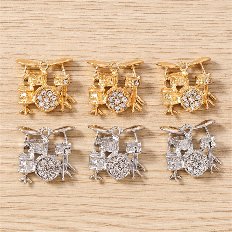 

10pcs Cute Crystal Metal Musical Drum Set Charms Pendants for Jewelry Making Necklaces Earrings Bracelets DIY Crafts Accessories