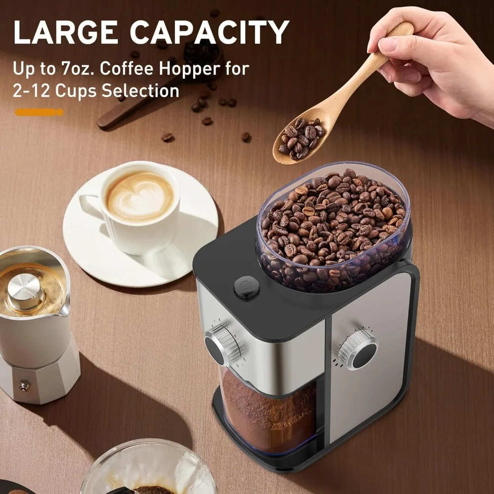 Coffee Grinder Electric Burr Coffee Bean Grinder for 2-12 Cups, Adjustable Burr Mill for 14 Grinding Settings, Stainless Steel