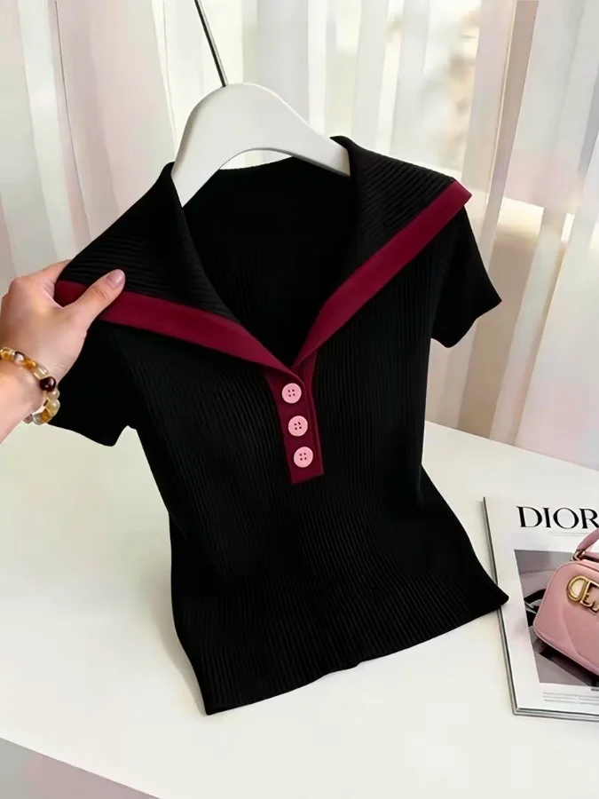 

Unique Color Block Navy Collar Short Sleeve Knitted T-Shirt Women's Fashion Slim Fit Summer Top Unique Color Block Design
