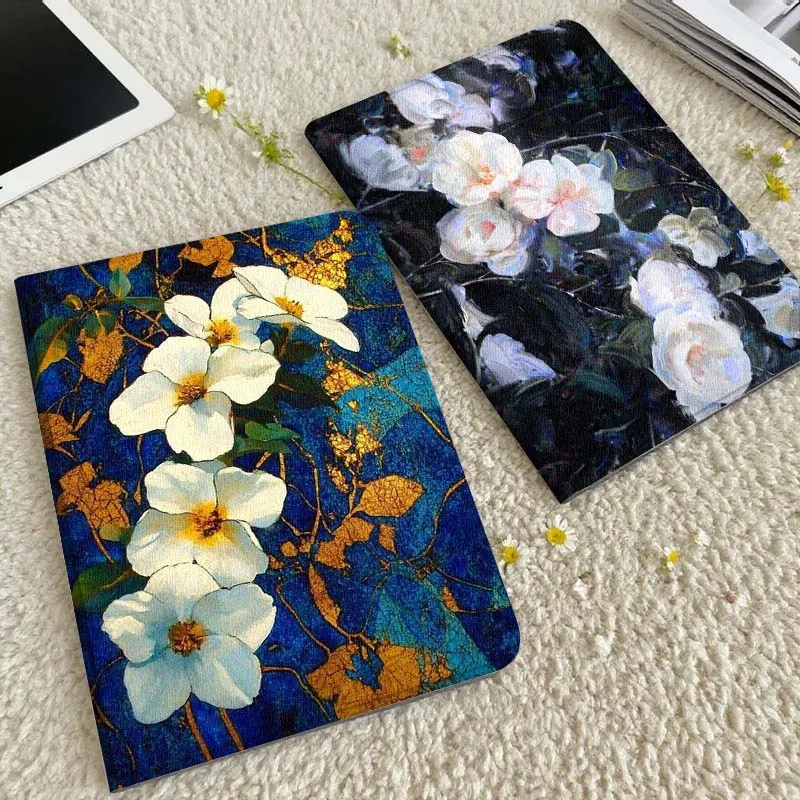 

White Flowers Blue Background Tablet Case For Xiaomi Redmi Mini Pad SE K 2 4 5 6 7 8 2023 2025 11 8.8 11.2 10.1 Pro Gift
