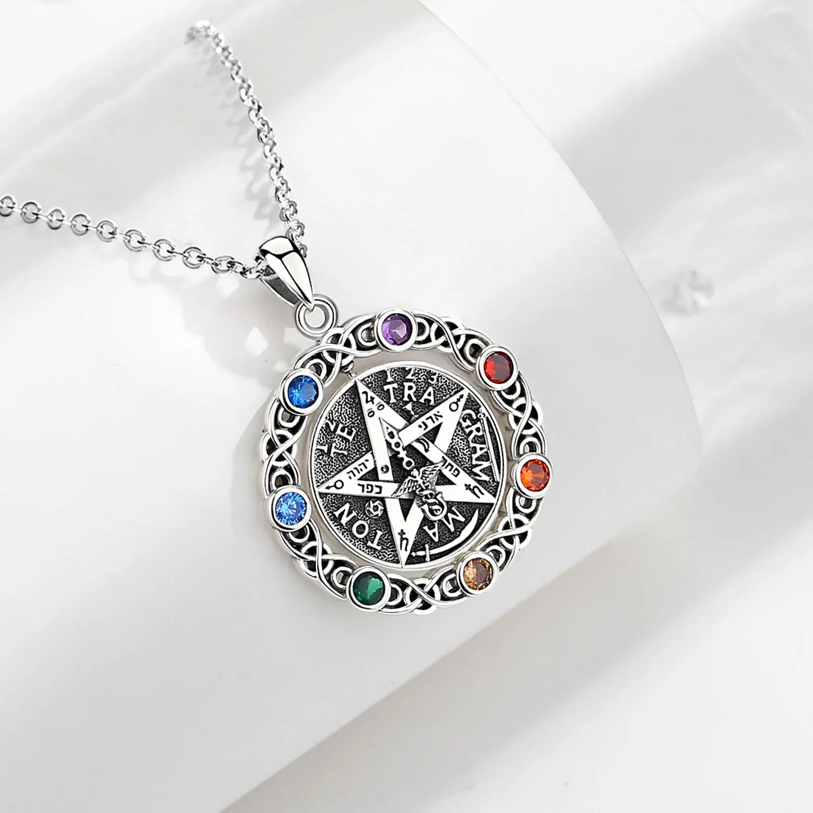 Eudora Original 925 Sterling Silver Pentagram Necklace for Women Man 7 Color Chakra Star Tetragrammaton Pendant rotatable Gift