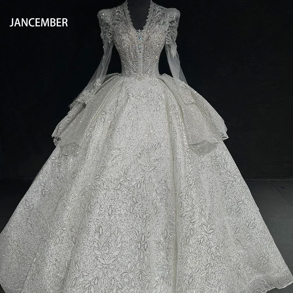 

Customized V-Neck Wedding Dresses Long Sleeves Shiny Beaded Surprise Price Sequins Lace Princess Ball Gown Vestidos De Novia