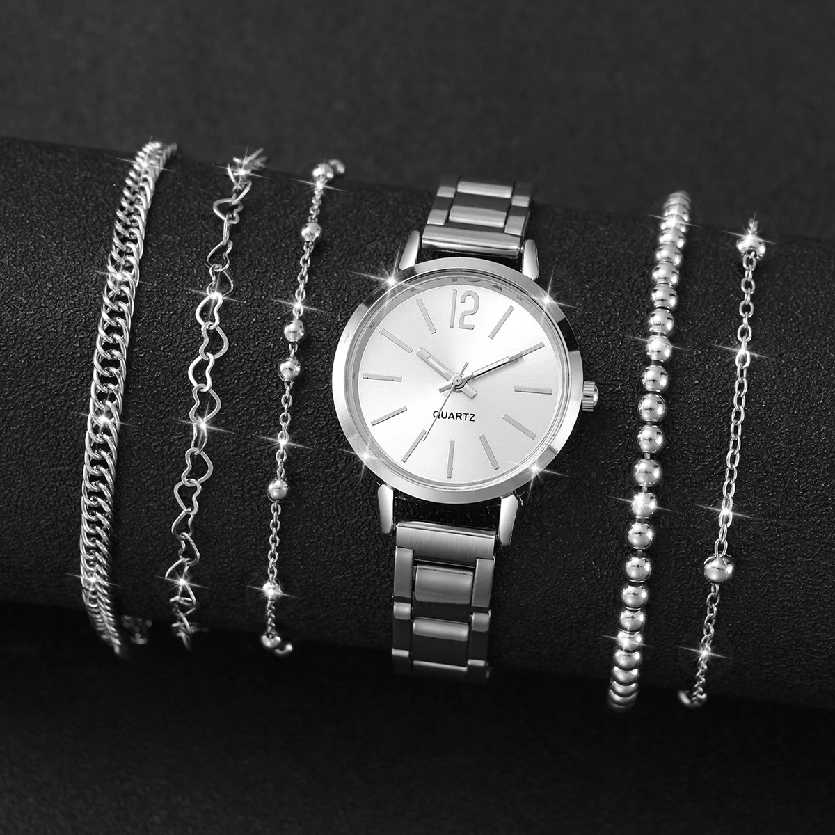 6PCS/Set Women Watches Bracelets Set Fashion Silver Stainless Steel Band Analog Quartz Watch