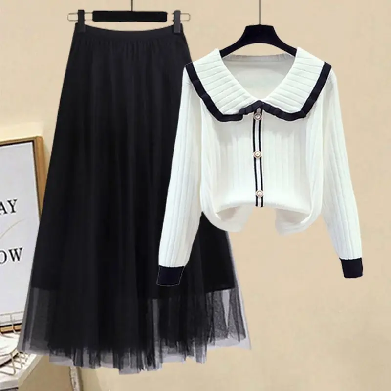 Women's Spring Autumn New Knitted Sweater Matching Set 2025 Korean Elegant Doll Collar Cardigan+black Mesh Dress Two-piece Suit