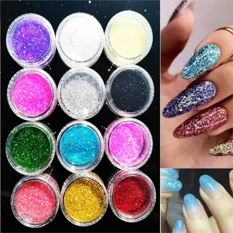 

Holographic Glitter 12Jars/lot Craft Nail Fine Glitter 12 Color Nail Art Glitter Powder Dust For Nail Acrylic Uv Gel Nail Powder