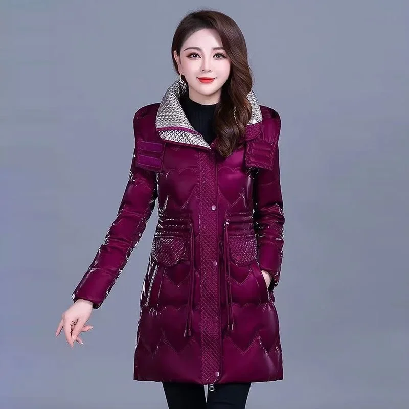 Fdfklak Bright Wash-free Down Cotton-padded Jacket Long Middle-aged Winter Jacket Women 5XL Big Size Coat ropa de invierno mujer