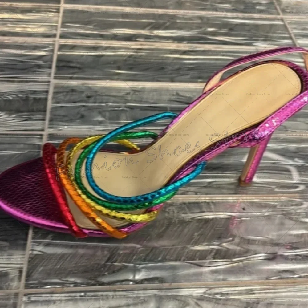 รองเท้าส้นสูงแบบเปิดนิ้วเท้า สีผสม แฟชั่นสำหรับผู้หญิง ส้นเข็ม เหมาะสำหรับงานปาร์ตี้ งานเลี้ยง ออกเดท ปี 2025