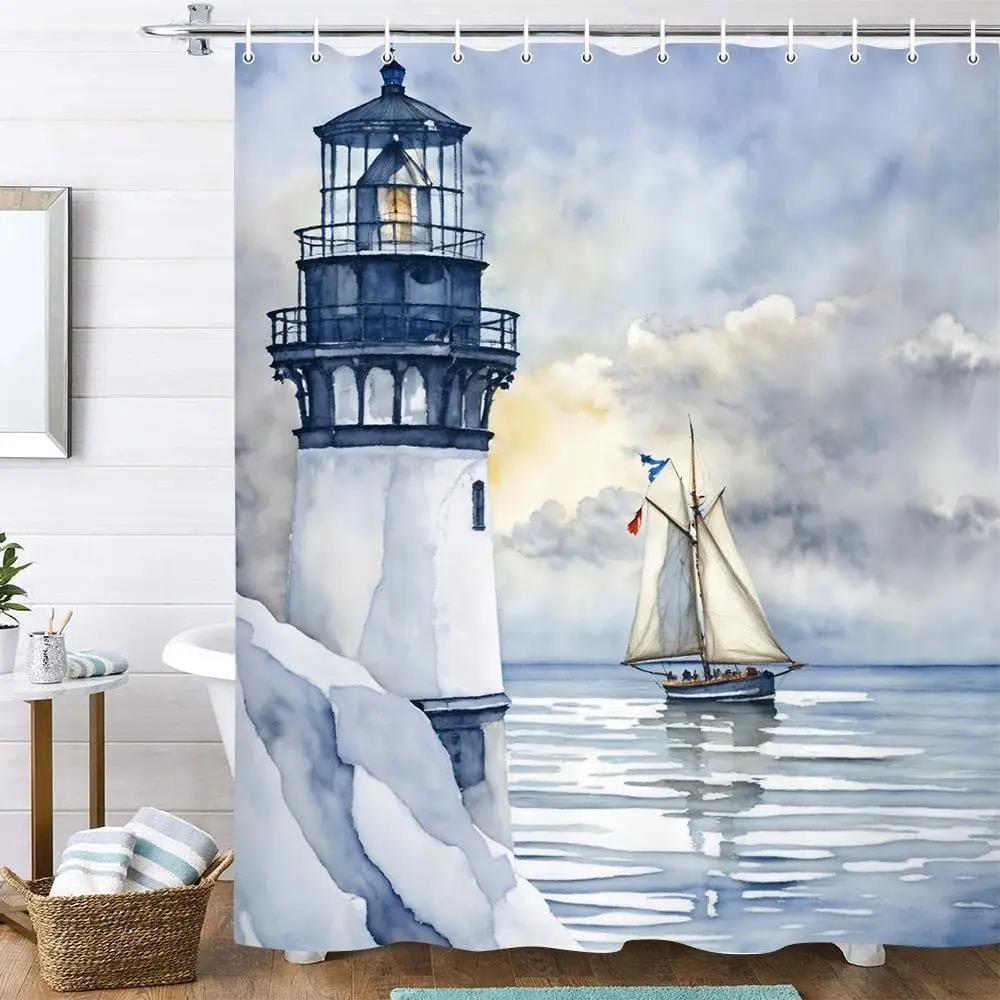 Watercolor Lighthouse Coastal Sea Scene Shower Curtain Waterproof Nautical Bathroom Decor 72x72 Inches Large