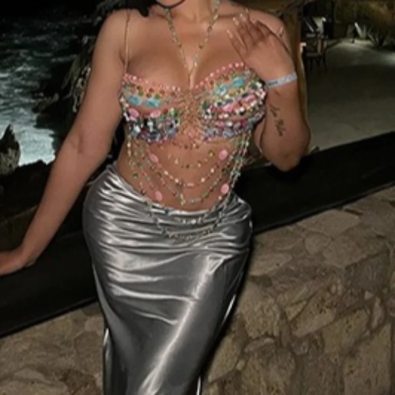 Handmade Turquoise & Lavender Multi Stone Bead Women's Fashion Body Chain Bikini Bra Set Romantic Tank Top Beachwear