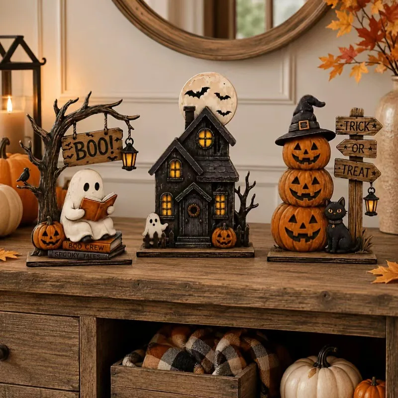 Vintage Halloween Wooden Decor 3-Piece Set – Ghost Black Cat Pumpkin Elements, Perfect Autumn Fall Holiday Home Ornaments