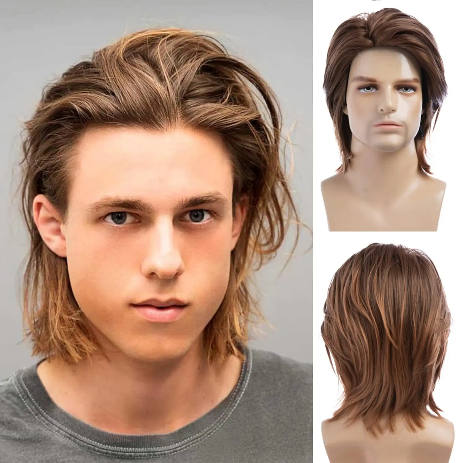 

European and American Men's Brown Fashion Medium-Length Synthetic Wig, Multi-layered Wig for Daily Wear