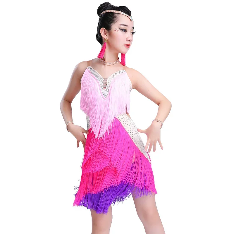 Girls Latin Dance Dress White Tassel Latin Ballroom Costumes Tango Samba Dance Dress Ballroom Fringe Dress Costumes