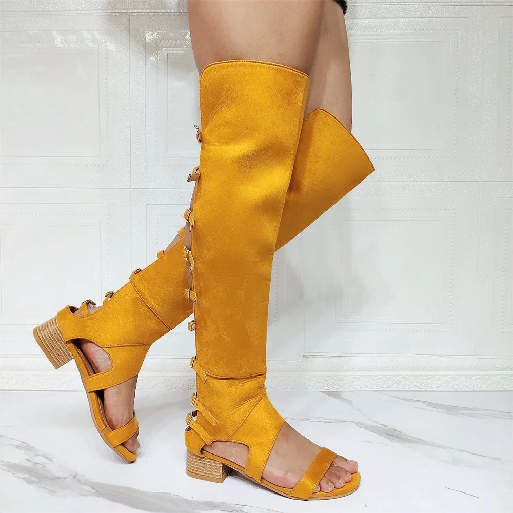 Luxury Flat Gladiator Sandals Woman Open Toe Suede Leather Low Heels Shoes Lady Hollow Knee High Boots Summer