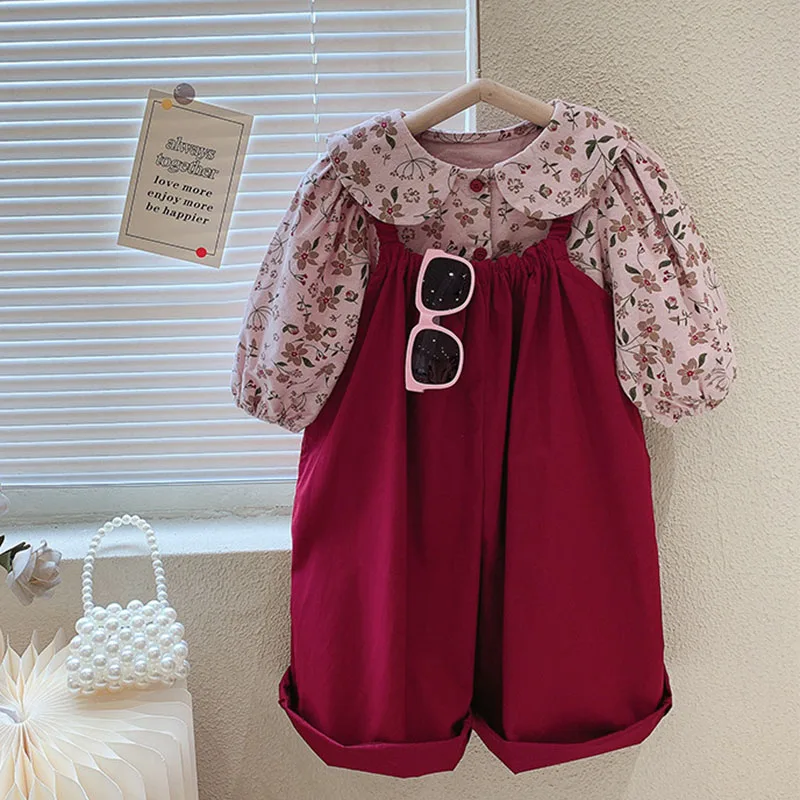 2022 autumn new children's clothing girls Korean style floral doll collar top + suspender pants suit Spring fashion kids outfits