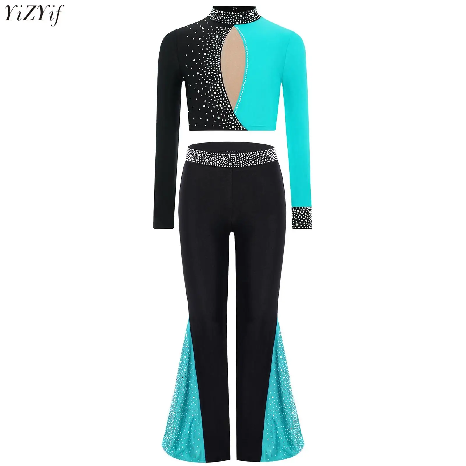 

Kids Girls Gymnastics Figure Skating Dance Costumes Lyrical Jazz Dancewear Long Sleeve Color Block Crop Tops+Bell-Bottomed Pants