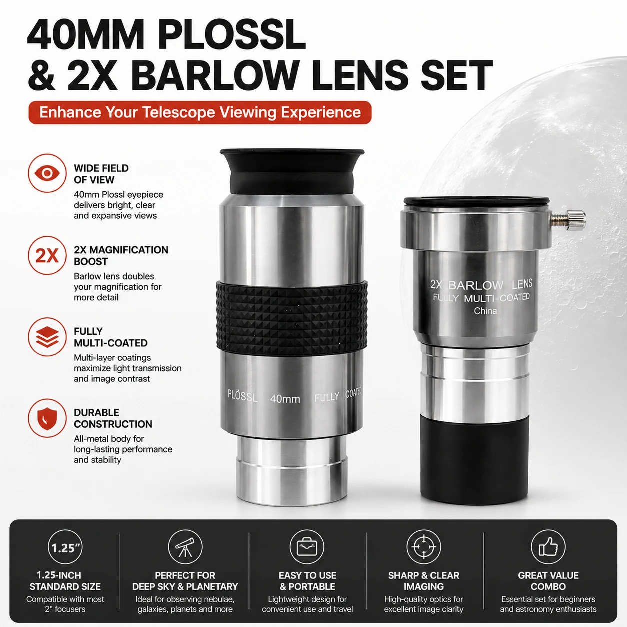 Ocular de Telescopio Plossl de 1.25" 40mm con Lente Barlow 2X, Kit de Accesorios de Astronomía de Gran Angular con Revestimiento Multicapa Completo