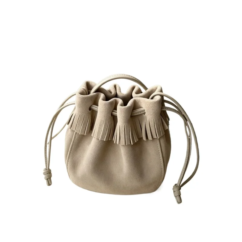 Vintage Everyday Small Bucket Bag for Women Top Grain Leather Drawstring Closure Tassel Shoulder Bag Luxury Handbag Portable