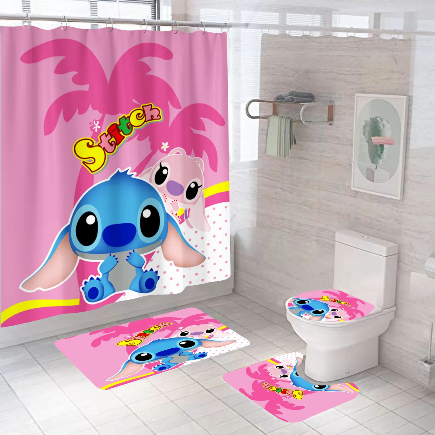 

Disney Stitch Bathroom Curtains Shower Curtain Set for Bathroom Cartoon Ornate Bath Rug Decor