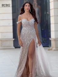 MYMB Mermaid Spaghetti Straps Stunning Pink Evening Gowns Sexy Beaded Sweetheart Neck Off Shoulder High Split Party Dresses