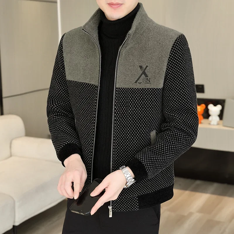 2023 Winter Patchwork Woolen Jacket Men Plush Warm Casual Stand Collar Business Office Trench Coat Streetwear Men Clothing