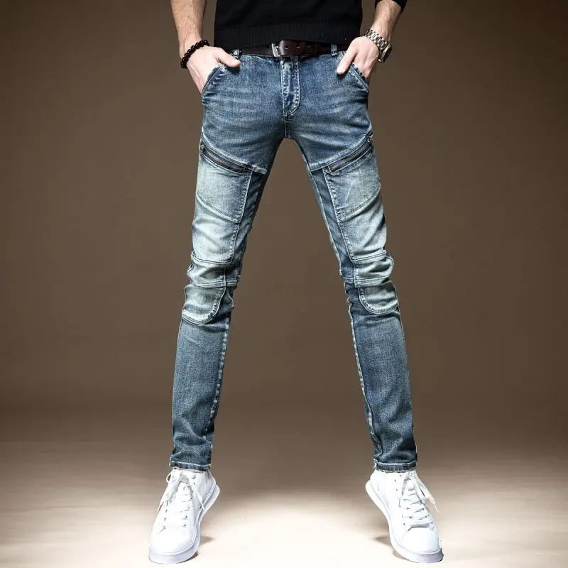 

Spring Summer Blue Splice Motorcycle Zipper Jeans Men's Retro Slim Fit Denim Pants ripped jeans men jeans streetwear men