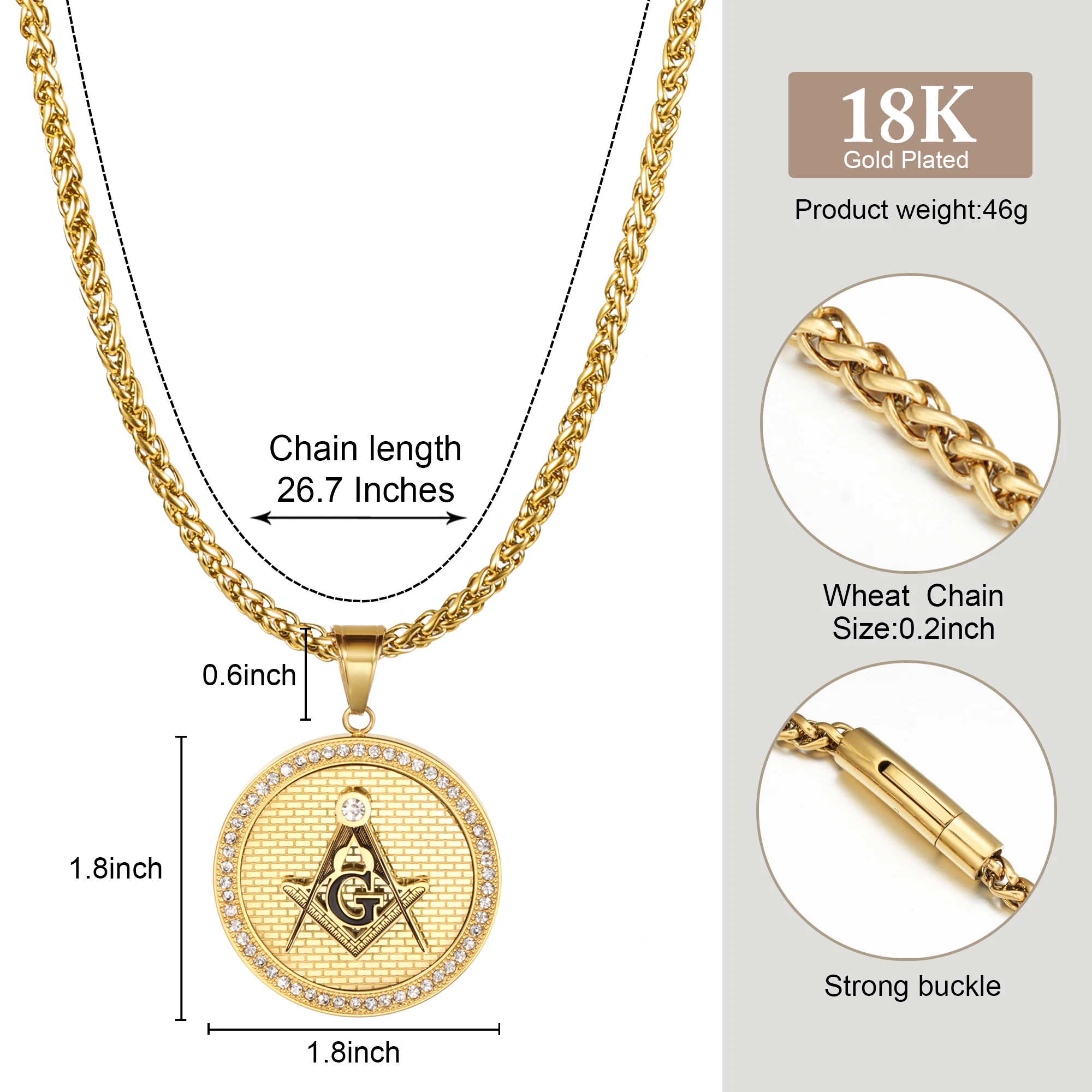 HAWSON Masonic Crystal Pendant Necklace For Men Stainless Steel Compass Square Letter G Symbol Party Jewelry Gift