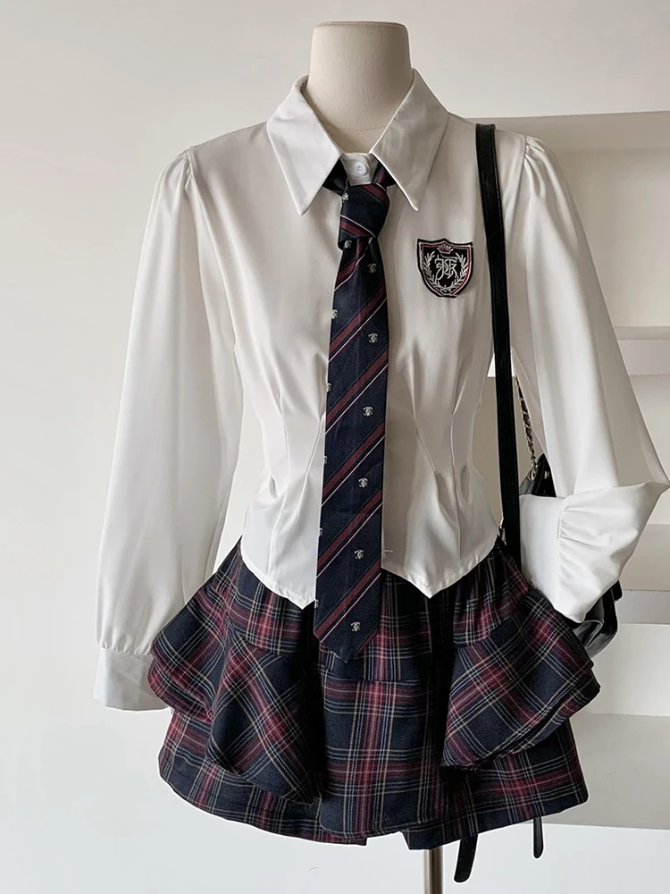 Women Japanese Y2k Preppy JK Coquette Gyaru 2000S Coquette Outfits 2 Piece Set Long Sleeve Skirts With Tie + Mini Plaid Skirts