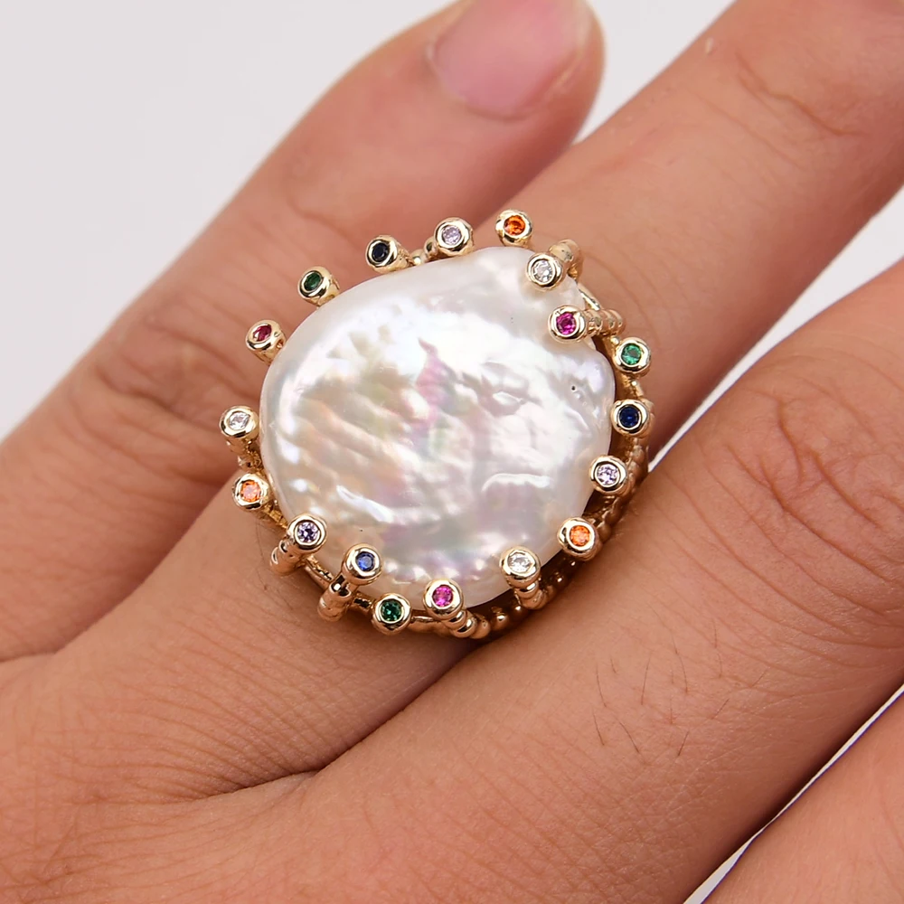 خاتم نسائي مطلي بالذهب ، مزيج الألوان ، مرصع بالزركونيا المكعّب ، عملة كيشي بيضاء طبيعية ، خواتم اللؤلؤ ، هدايا مجوهرات العيد